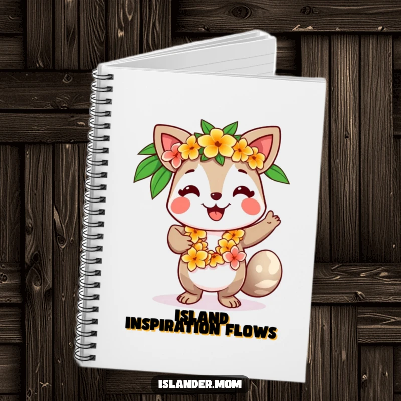Funny notebook showcasing a smiling island animal character with a flower lei, dancing and ready to capture inspired thoughts.