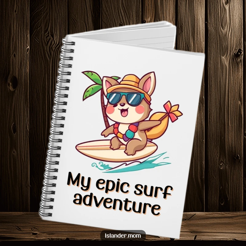 Funny Islander Animal Notebook with a character cheerfully riding a small surfboard, perfect for beach notes, a funny gift.