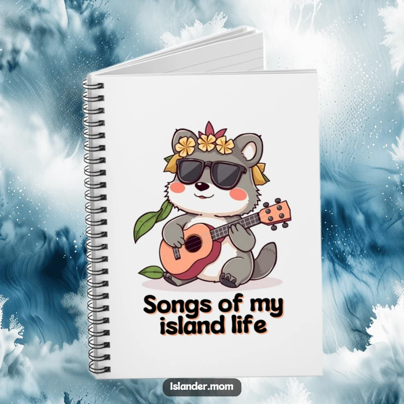 Funny Islander Animal Notebook with a character playing a small ukulele, perfect for musical notes, a funny gift.