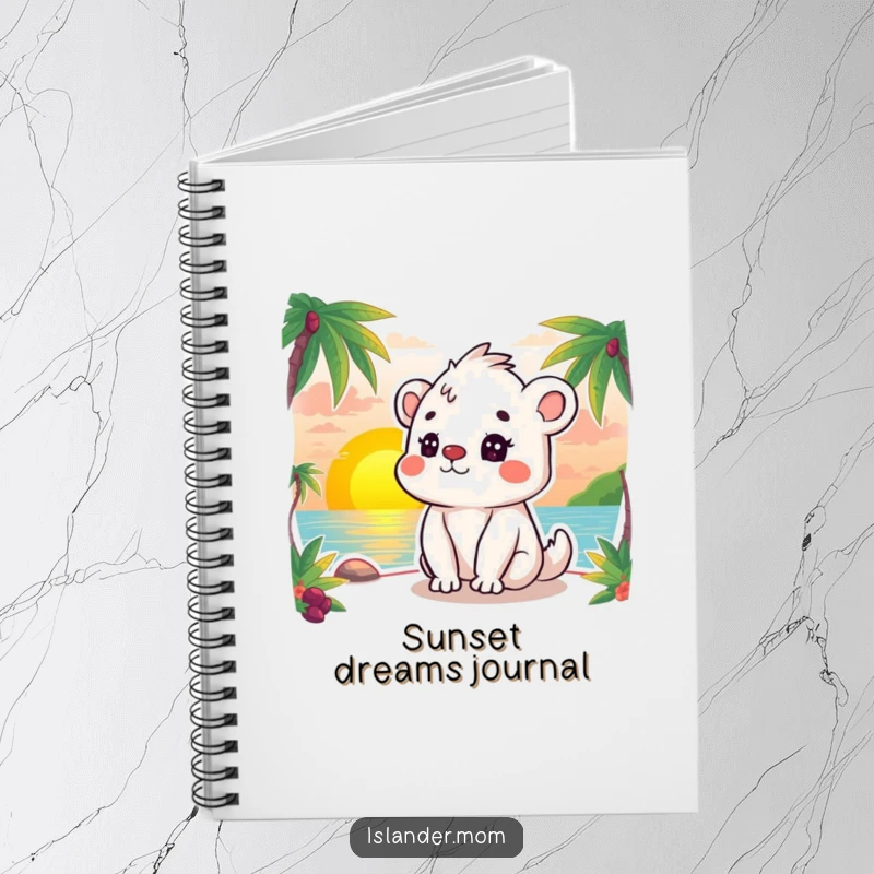 Funny notebook with a kawaii islander animal peacefully watching a tranquil sunset, perfect for journaling or notes.