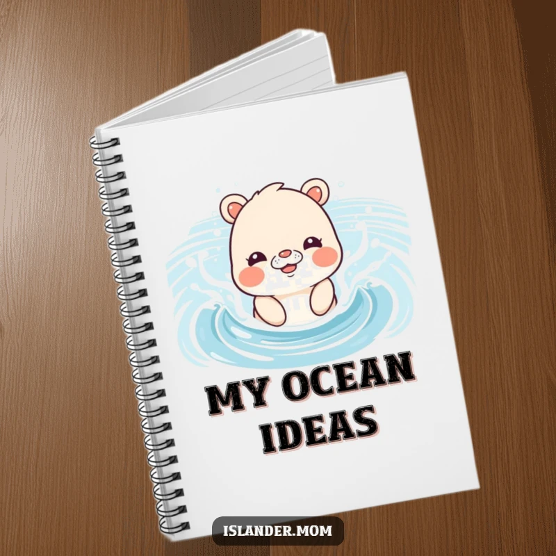 Funny Notebook cover showing an islander mom animal splashing joyfully in gentle ocean waves, perfect for jotting down ideas.