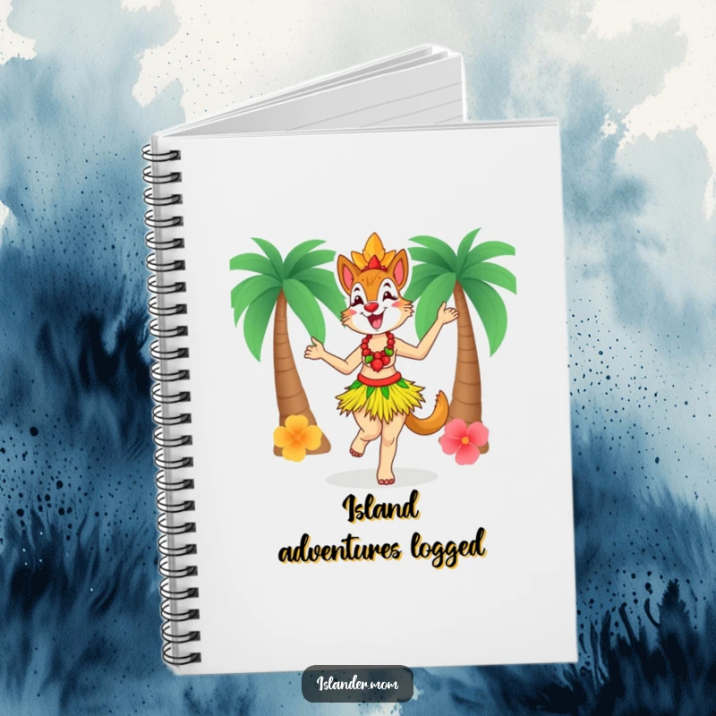 Funny Islander Mom Notebook, designed for joyful notes, featuring an islander mom in a grass skirt dancing with delight, humorous and practical.
