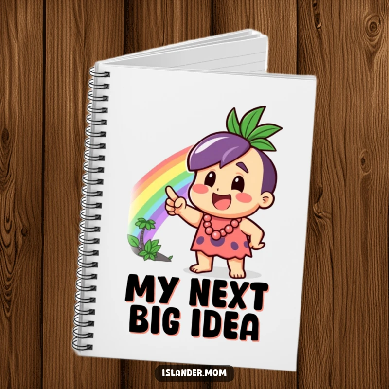 Funny Notebook with an excited islander character pointing at a bright rainbow, ideal for notes, sketches, and daily planning.