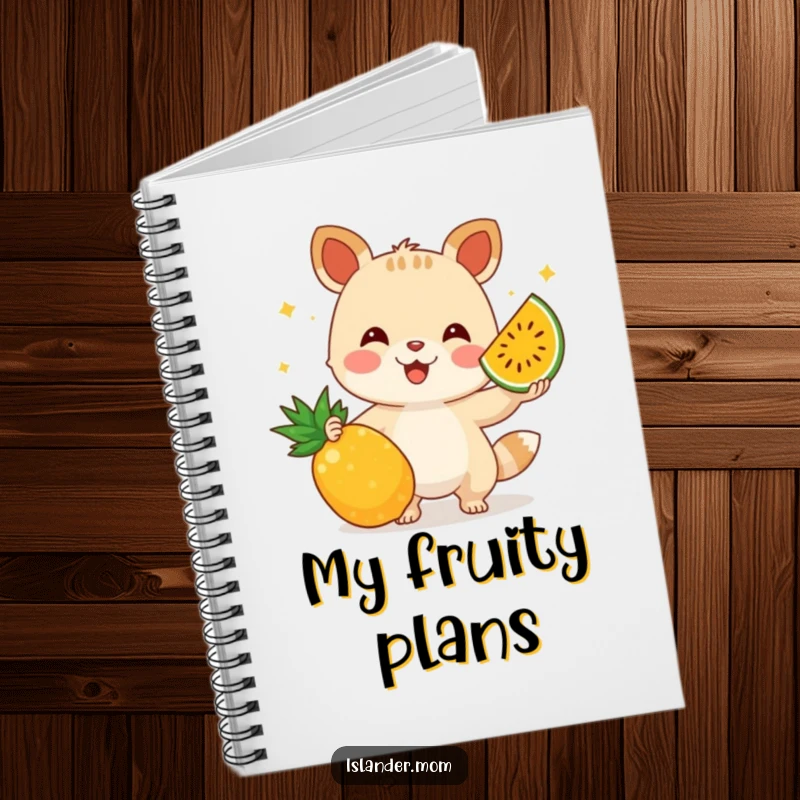 Funny notebook featuring an animal character energetically juggling tropical fruits, inspiring creativity and organization with a humorous touch.