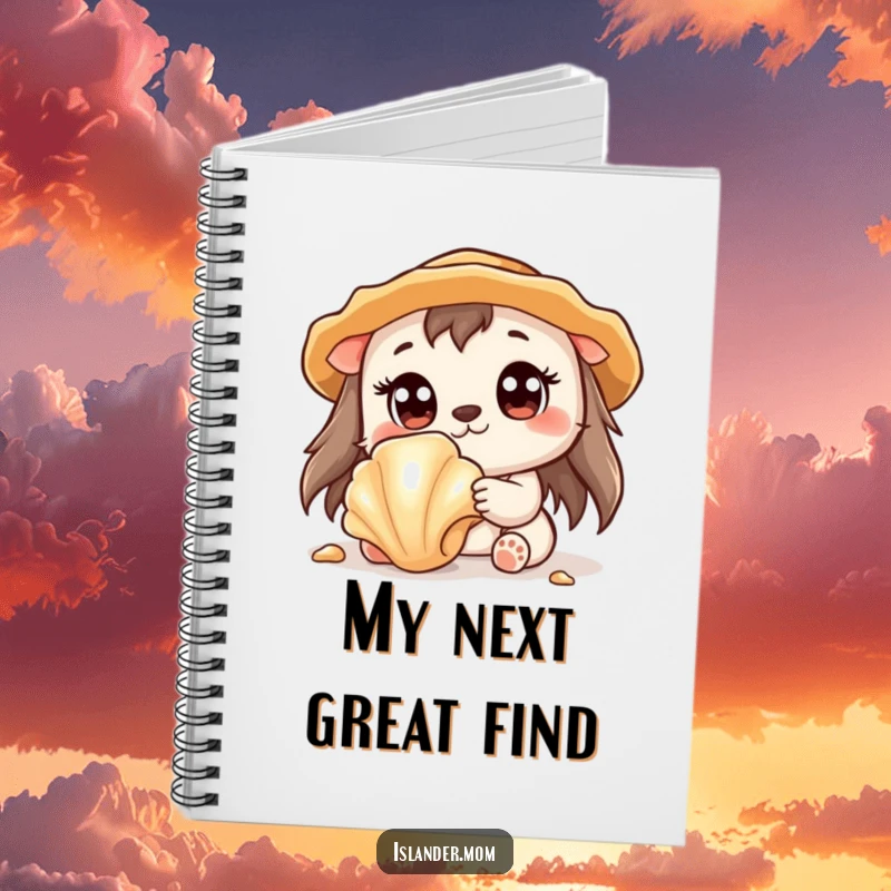 Funny notebook cover with a cute kawaii islander animal with wide eyes, discovering a shiny seashell.