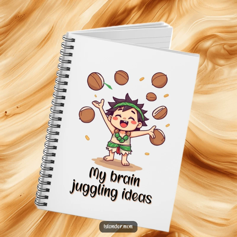 Funny Notebook: A kawaii islander character energetically juggles coconuts, inspiring playful writing and creative brainstorming.