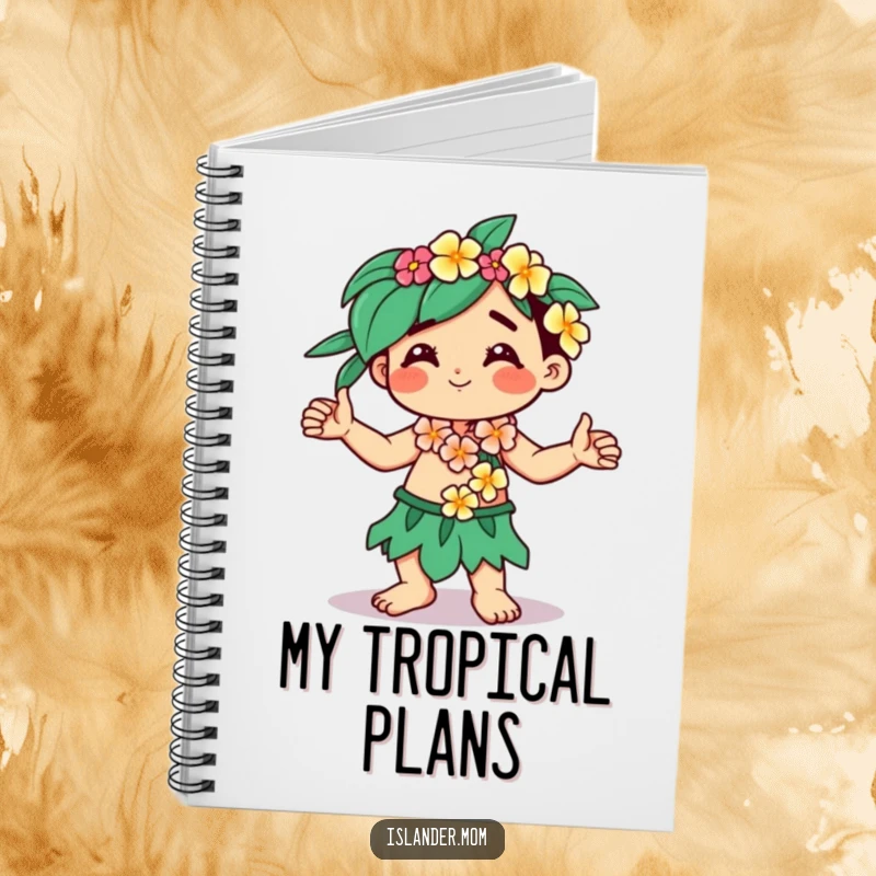Funny Kawaii islander notebook featuring a character with a flower lei, dancing joyfully, perfect for notes.