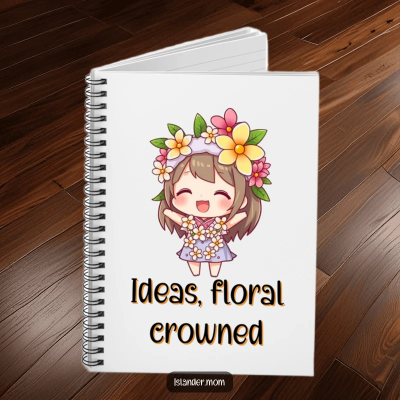 Funny notebook featuring a character balancing a flower lei on their head, ideal for jotting down notes with tropical joy and personality.