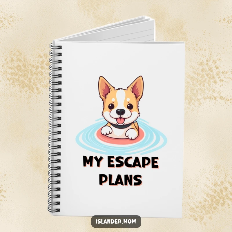 Funny paddling dog notebook featuring an enthusiastic dog swimming in a blue lagoon, perfect for journaling water adventures.