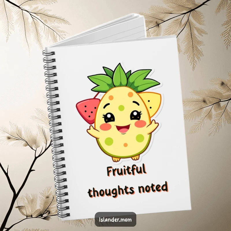 Funny notebook featuring a character with a welcoming grin offering a tropical fruit, ideal for jotting down notes with a touch of sweetness.