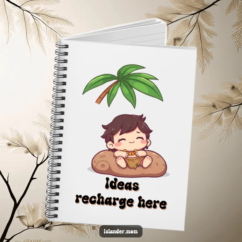 Funny Notebook: A kawaii islander character happily relaxes under a palm tree, inspiring peaceful writing and calm reflections.
