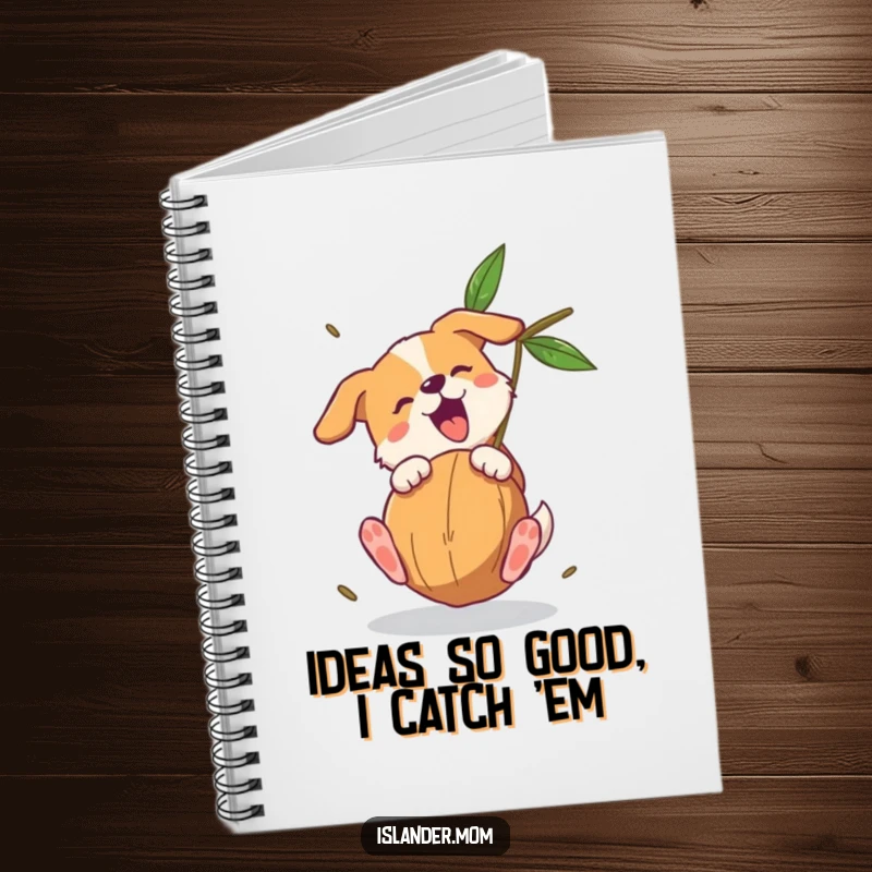 Funny dog notebook cover: a dog is depicted mid-air, catching a falling coconut with expert paws and a happy expression.