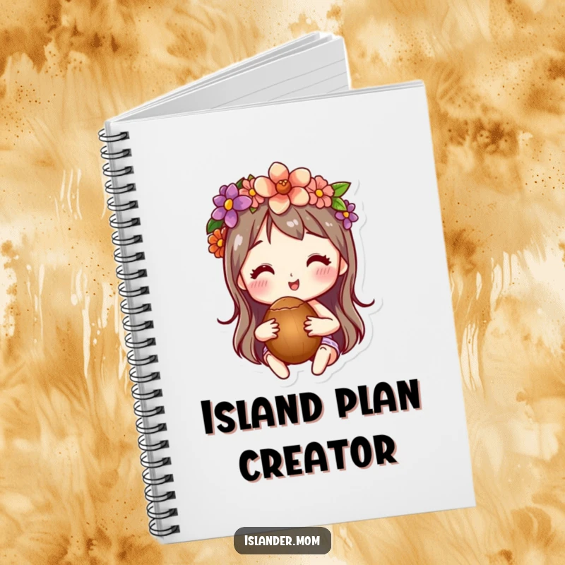 Funny notebook with a character wearing a flower crown and holding a coconut, ideal for jotting down tropical vacation plans.