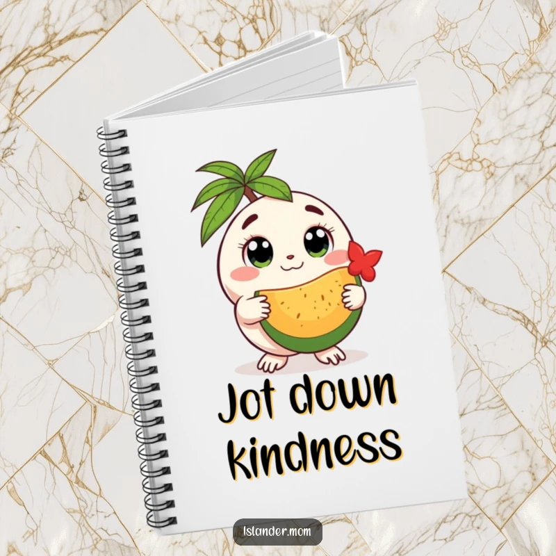 Funny round island creature notebook, featuring a creature with gentle eyes offering fruit, perfect for notes and creative journaling.