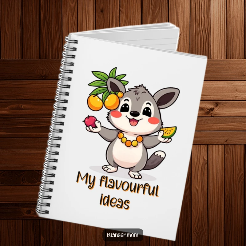 Funny notebook featuring a cheerful kawaii islander animal juggling colorful fruits, perfect for jotting down tropical ideas.