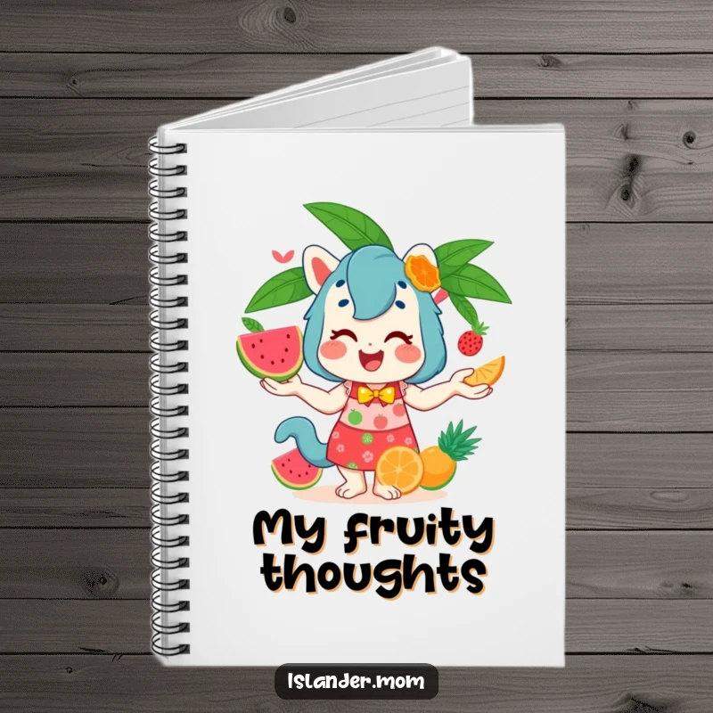 Funny Notebook cover featuring an islander mom animal expertly juggling a vibrant mix of tropical fruits, ready for your notes.