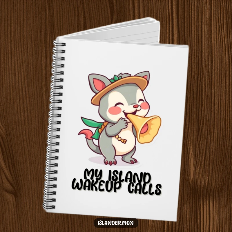 Funny Islander Animal Notebook with a character playfully blowing a conch shell, perfect for tropical notes, a funny gift.