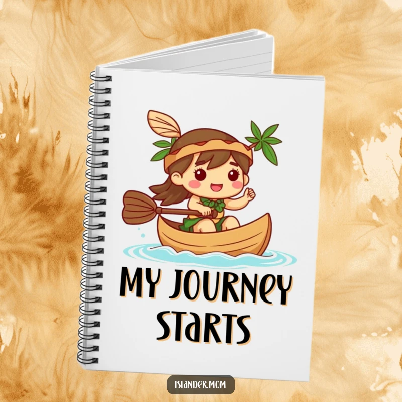 Funny Notebook: A kawaii islander character happily paddles a canoe, inspiring joyful writing and planning for exciting adventures.