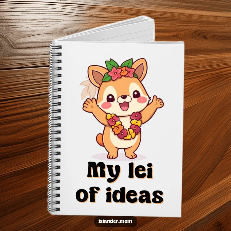 Funny notebook with an islander animal character waving a lei, ideal for writing and planning welcoming events.
