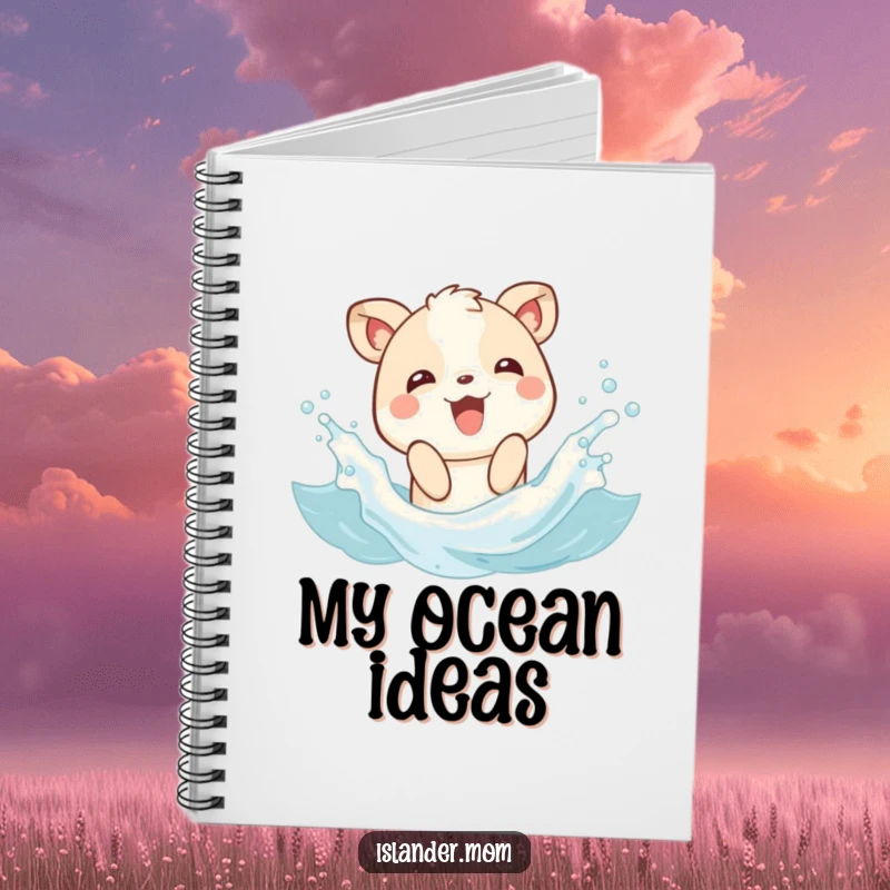 Funny notebook featuring a joyful animal character splashing playfully in gentle waves, inspiring creative thoughts with a beachy feel.