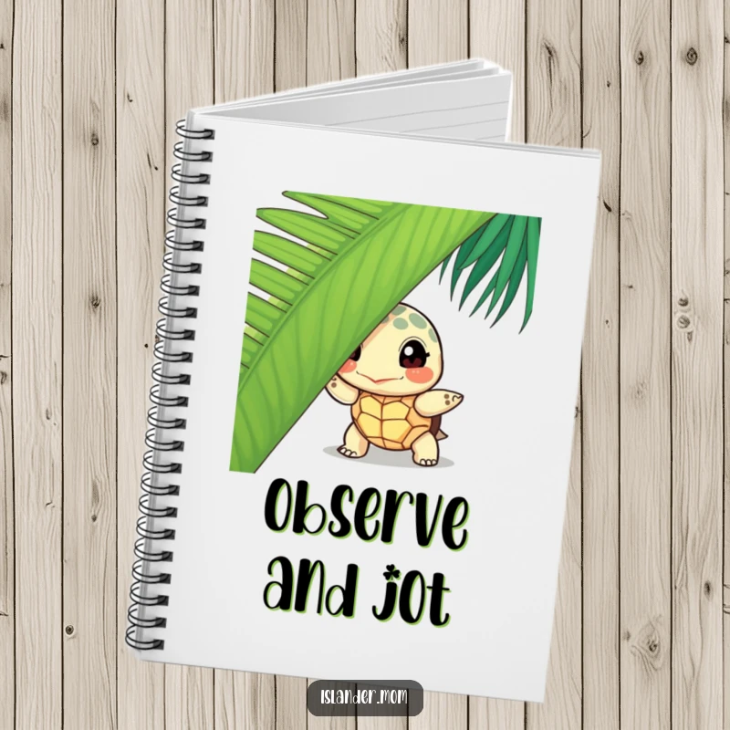 Funny curious turtle notebook, featuring a turtle peeking from behind a palm leaf, perfect for notes and creative journaling.