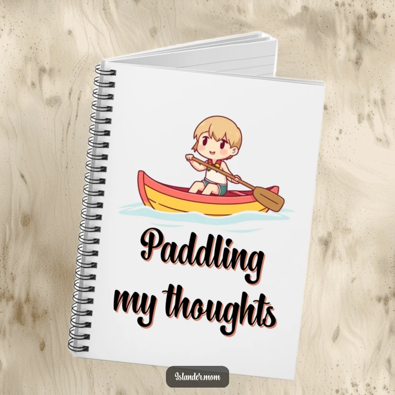 Funny notebook with a character happily paddling a colorful outrigger canoe, ideal for jotting down travel ideas and adventures.