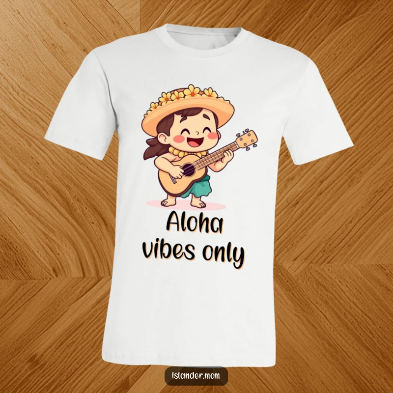 Funny T-Shirt of a joyful islander character strumming a ukulele, embodying a happy and musical island spirit.