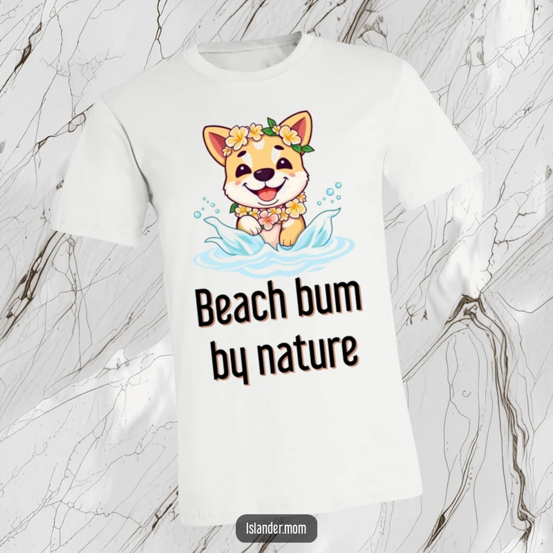 Funny beach dog t-shirt showing a happy dog in a flower lei splashing in gentle waves, radiating pure tropical fun.