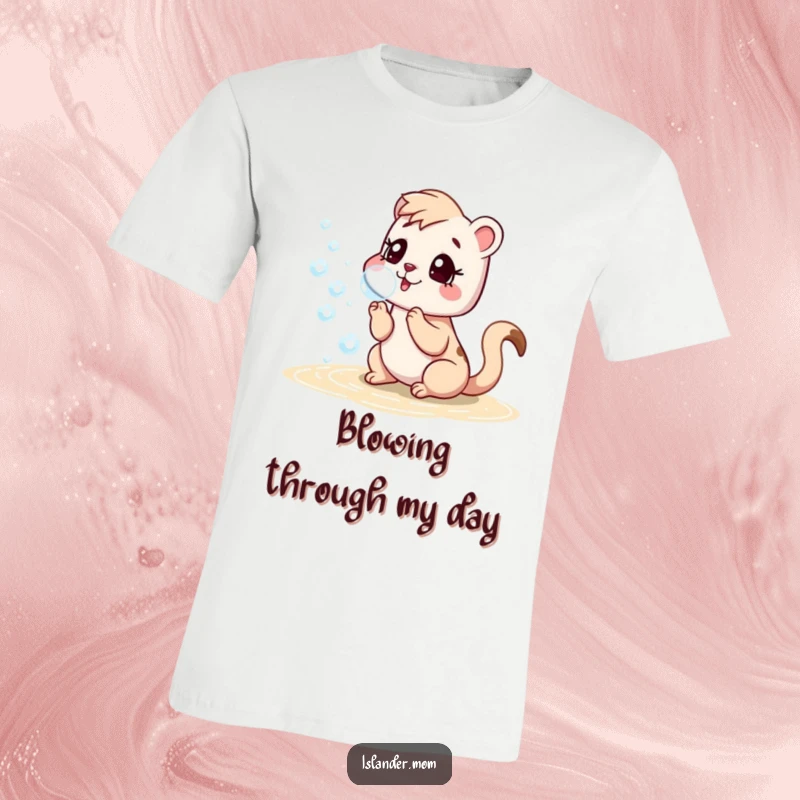 Funny t-shirt featuring an islander mom animal happily blowing bubbles with a playful expression by the sea.