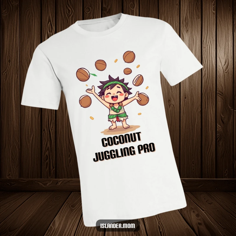 Funny T-Shirt: A kawaii islander character is in mid-air, joyfully juggling multiple coconuts with impressive skill and a wide grin.