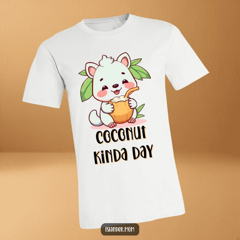 Funny t-shirt featuring a kawaii islander animal with a wide, happy grin, offering a coconut drink to share.