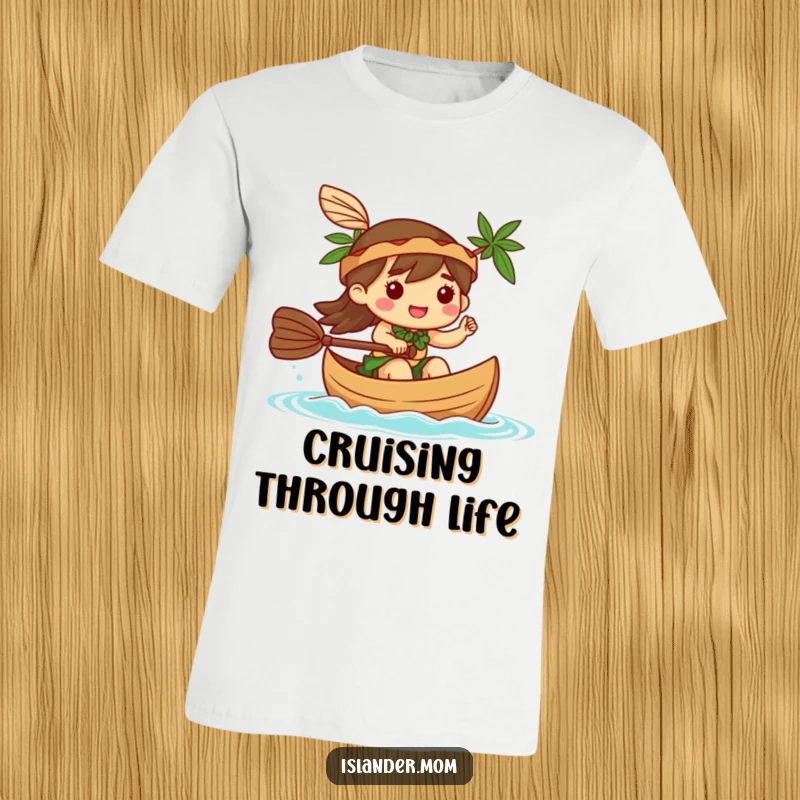 Funny T-Shirt: A kawaii islander character smiles while paddling a canoe, waving hello with a joyful and adventurous spirit.