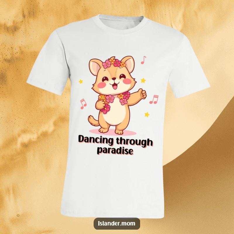 Funny t-shirt featuring a joyful kawaii islander animal wearing a lei, swaying to music, perfect for tropical fun.