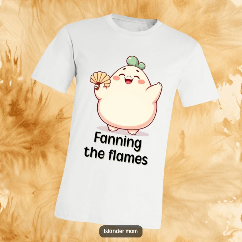 Funny t-shirt of a rotund character with a shell fan, smiling broadly, capturing pure joy and humorous exuberance.