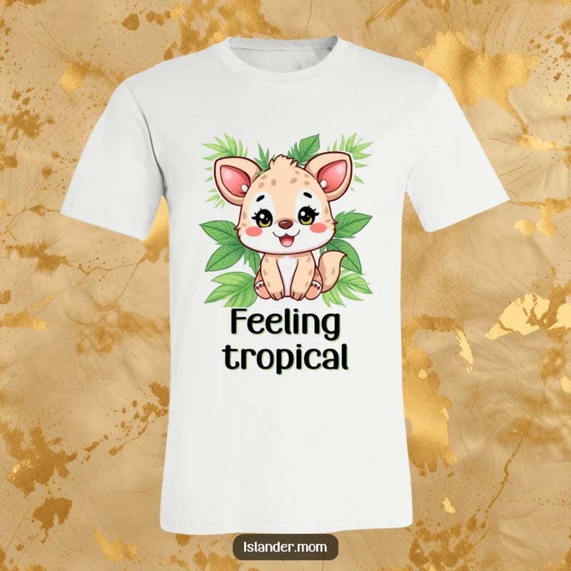 Funny animal character beaming with happiness, adorned with green palm leaves, a humorous and stylish tropical t-shirt for summer fun.