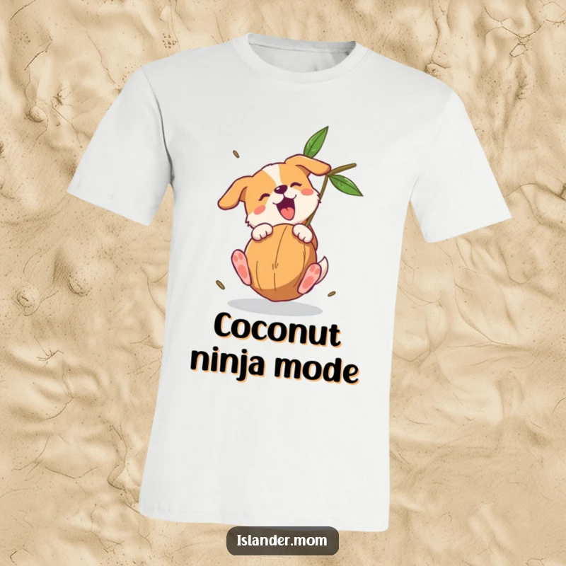 Funny dog t-shirt depicting a skillful dog leaping to catch a falling coconut with its front paws, mid-bark with joy.