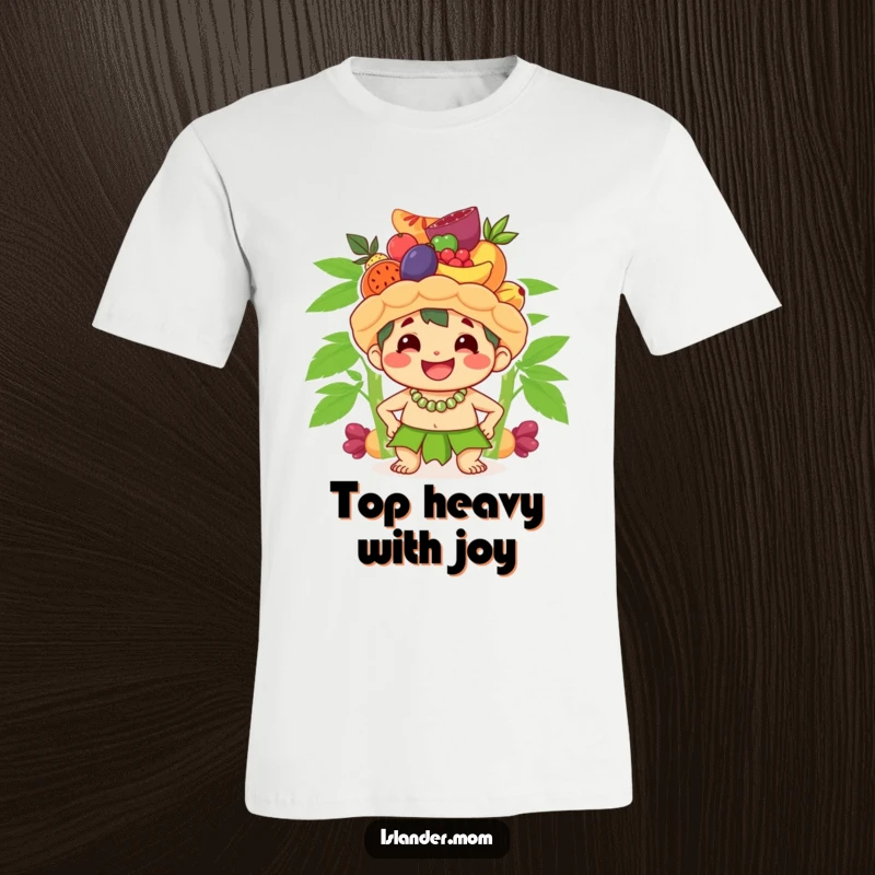 Funny t-shirt with a cute islander character smiling broadly while balancing a stack of fruit on its head, showcasing skill and joy.