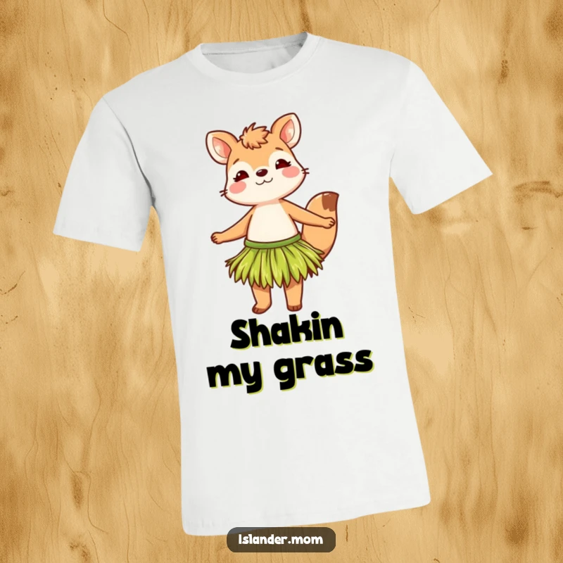 Funny t-shirt depicting a vibrant animal character energetically swaying in a grass skirt, radiating a playful and festive tropical vibe.