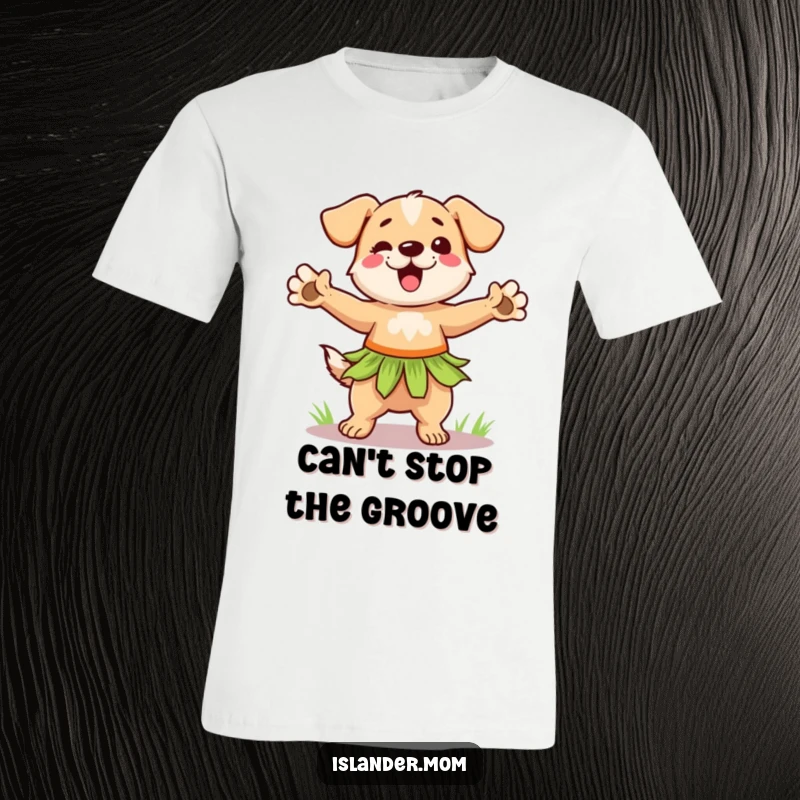 Funny hula dancer dog t-shirt showing a dog in a grass skirt dancing with paws out, radiating pure tropical fun.