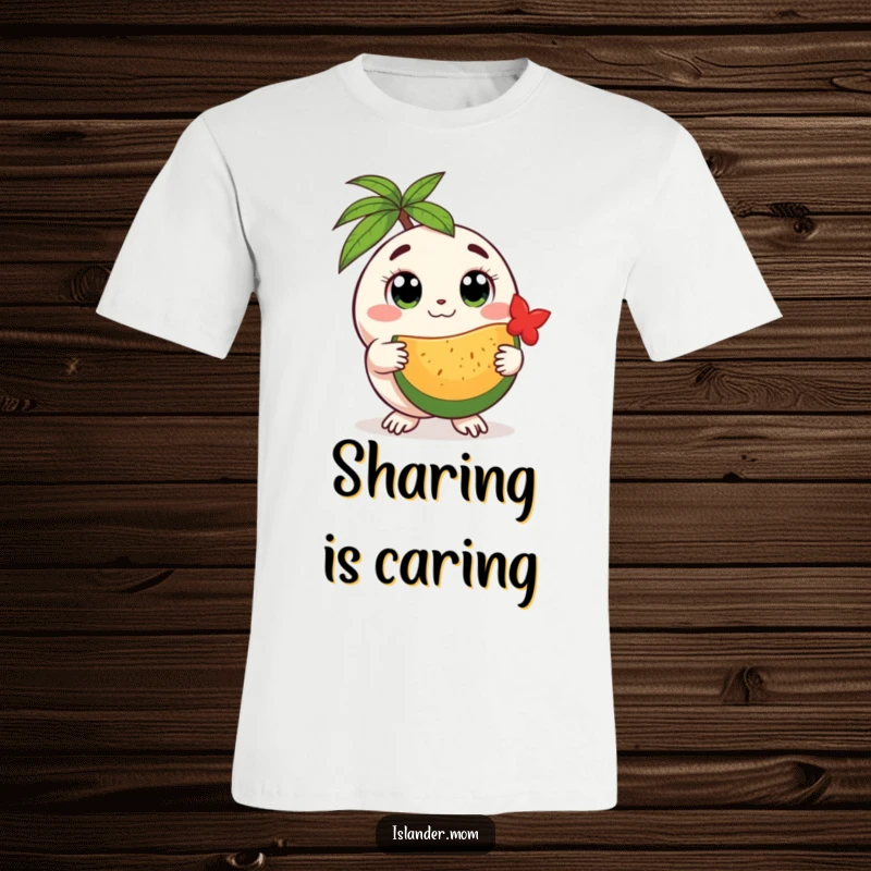Funny round island creature t-shirt, showing a creature with gentle eyes offering fruit, ideal for casual wear and spreading joy.