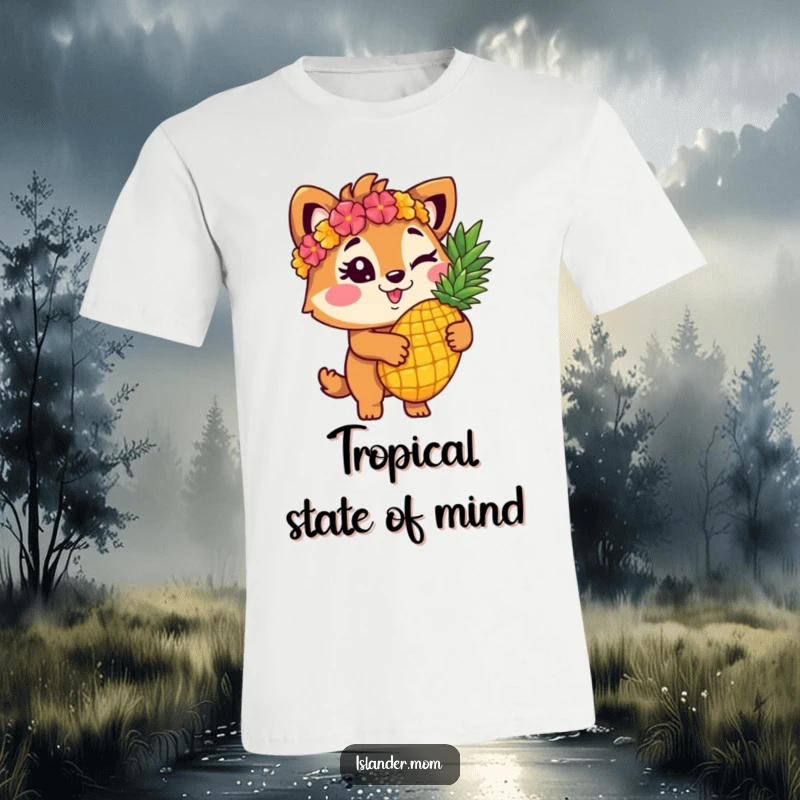 Funny islander animal character winking and holding a pineapple on a t-shirt, ideal for beach parties and sunny days.
