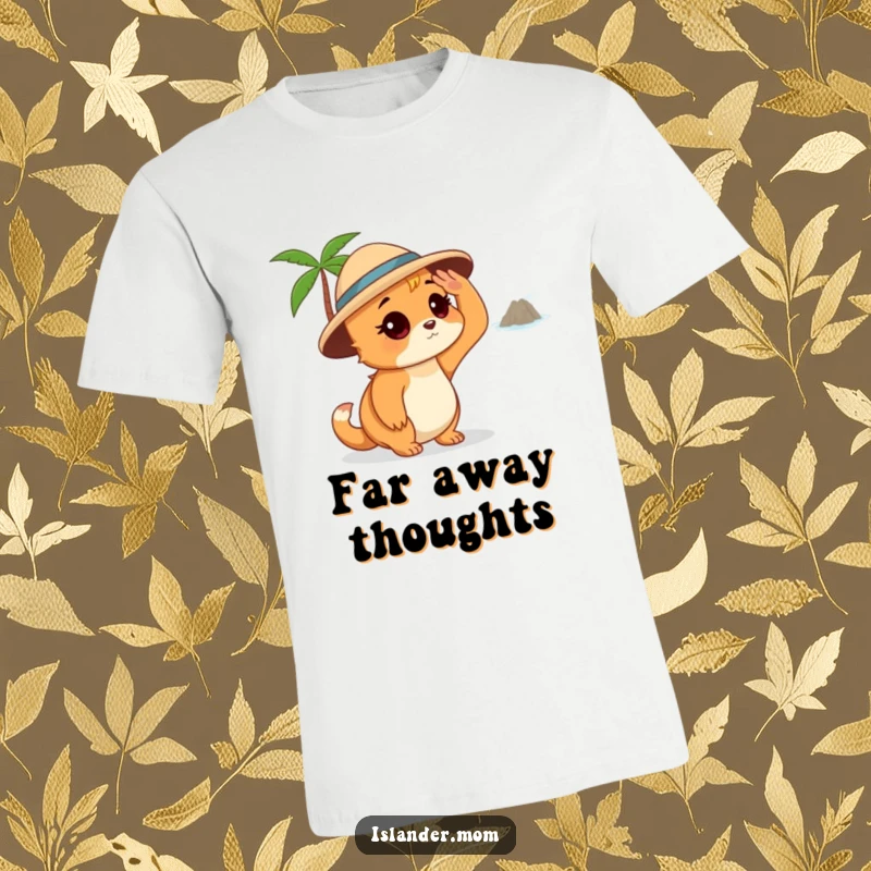 Funny Islander Mom T-Shirt, shading her eyes, gazing at a distant island, a peaceful and humorous travel-themed graphic.