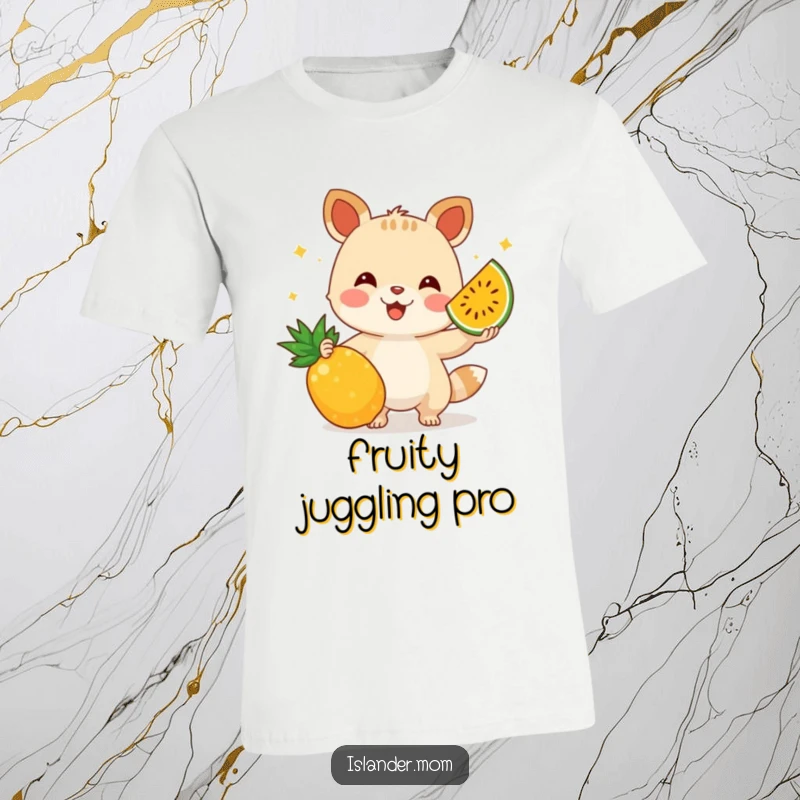 Funny t-shirt depicting a delighted animal character adeptly juggling a variety of juicy tropical fruits, showcasing playful skill.