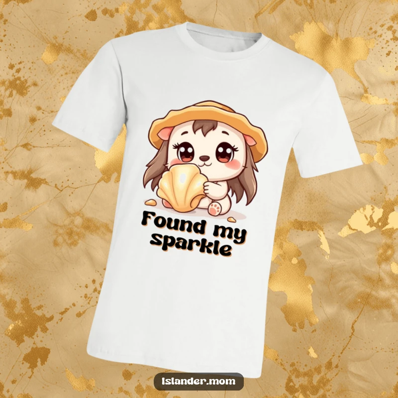 Funny t-shirt depicting a cute kawaii islander animal with wide eyes, amazed by a shiny seashell.