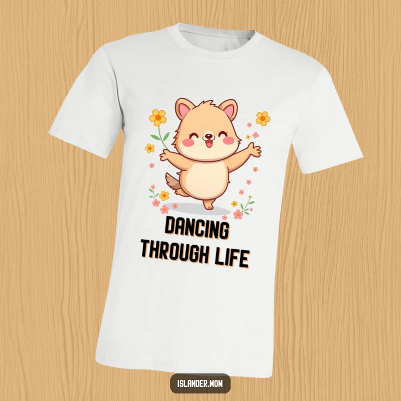 Funny T-Shirt: Soft tee with a kawaii islander animal dancing energetically surrounded by flowers, perfect for energetic fun.