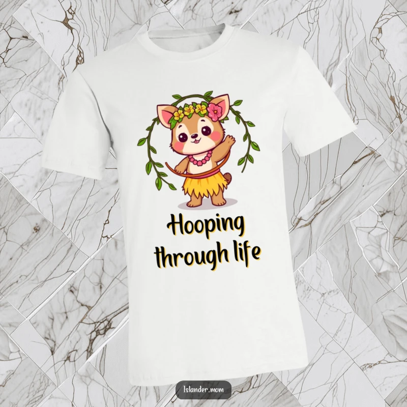 Funny T-Shirt: Adorable kawaii islander animal expertly twirling a vine hula hoop with pure joy and island energy.