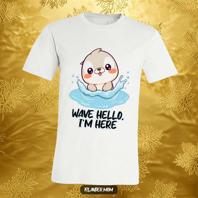 Funny t-shirt featuring a cute kawaii islander animal gleefully splashing and playing in sparkling ocean waves.