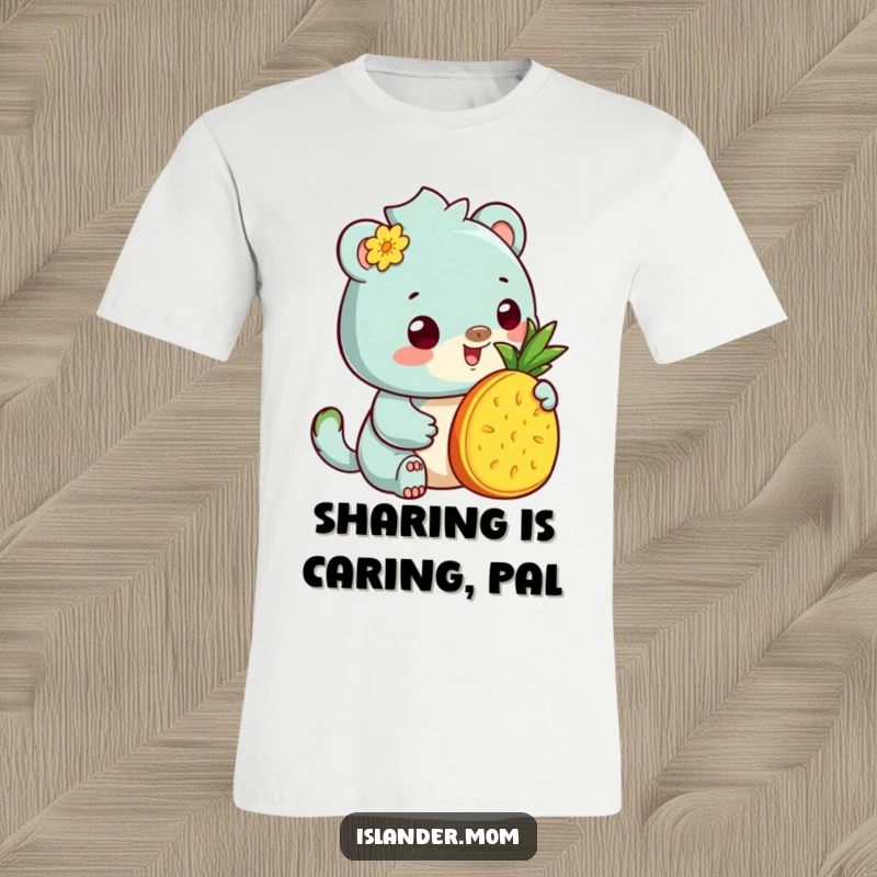 Funny T-Shirt: Soft tee with a kawaii islander animal smiling and offering pineapple, perfect for tropical adventures.