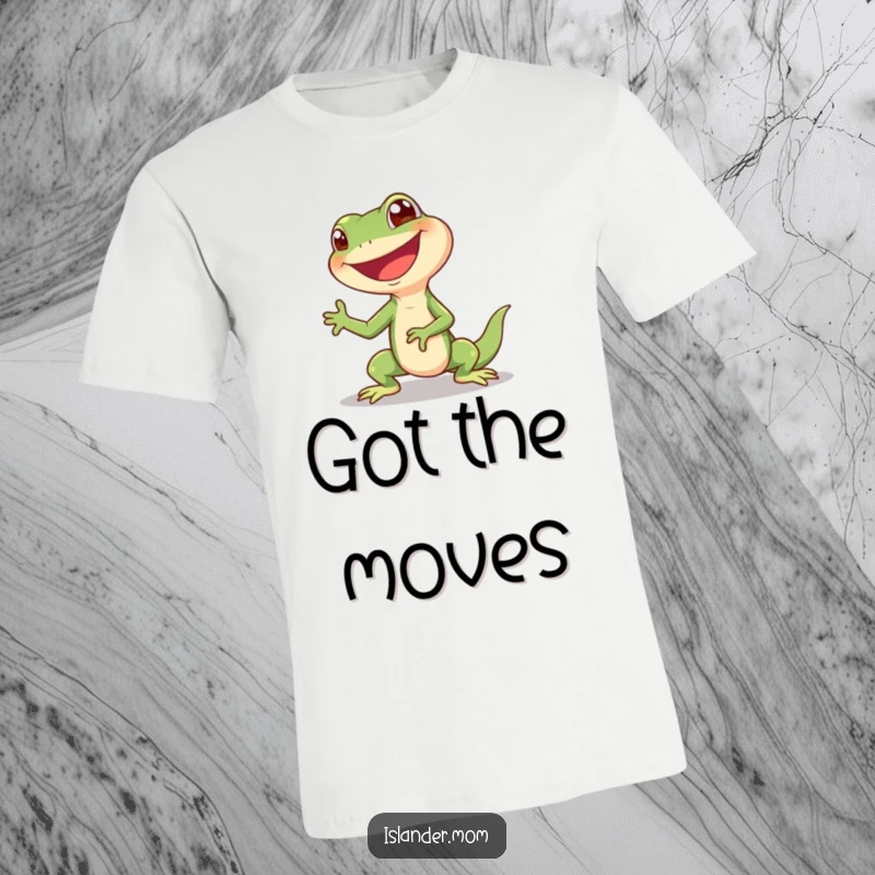 Funny Lizard T-Shirt: A giggling lizard performs a joyful shimmy with a huge happy grin, embodying playful and infectious energy.