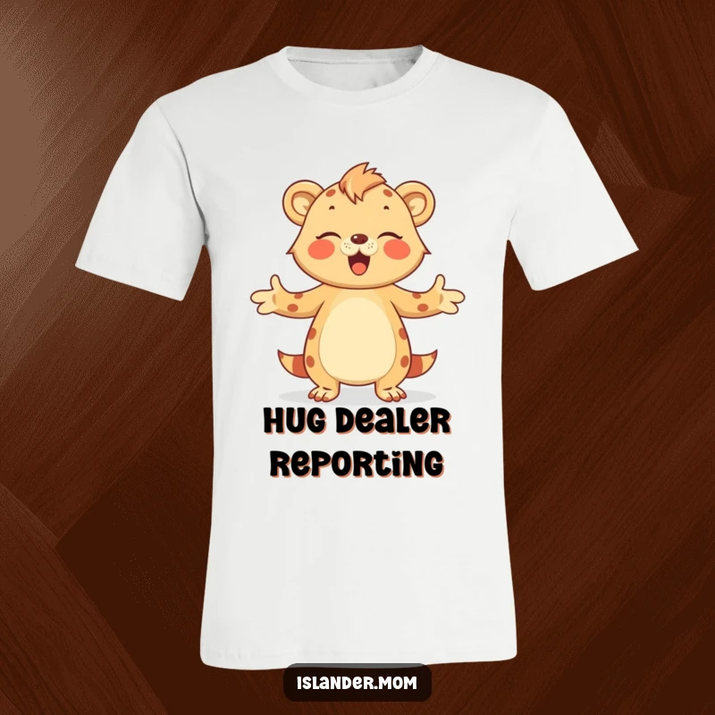 Funny T-Shirt showing an islander mom animal offering a big, heartfelt hug with open arms, radiating warmth.